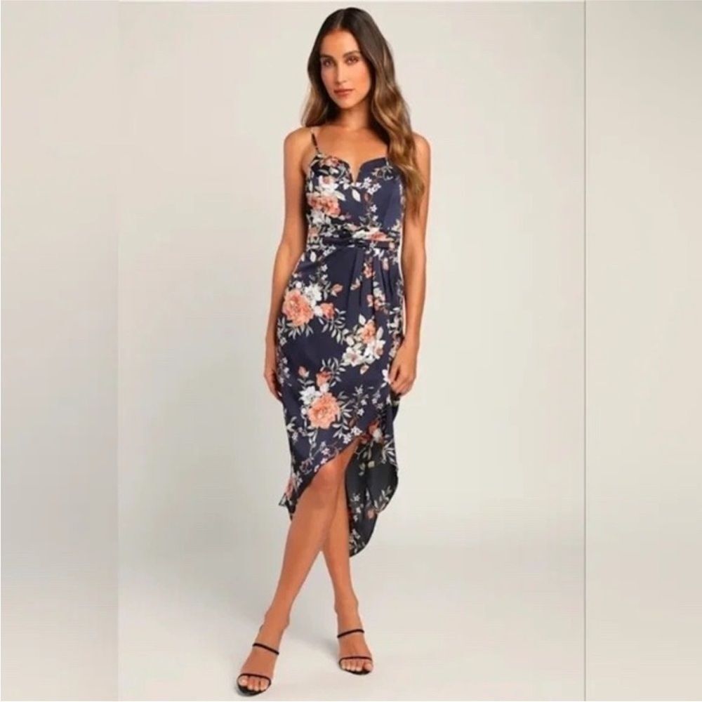 Lulu's Navy Floral High-Low Spaghetti Strap Dress